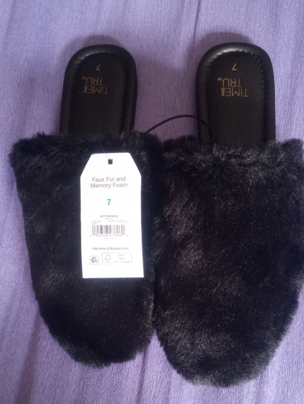 Time and Tru Black Faux Fur Slide Slippers for Women